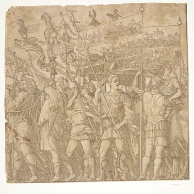 Romerske soldater med bannere, der afbilder Julius Cæsars sejre