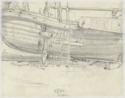 Romp van een zeilschip, dat opgeknapt wordt