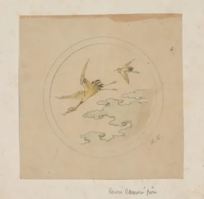 Rond medaillon met dubbele kaderlijn met twee vliegende kraanvogels boven wolken
