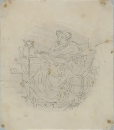 Rond medaillon met een antieke vrouwenfiguur die een boek leest, bij een globe, een zandloper, papierrollen en een olielamp