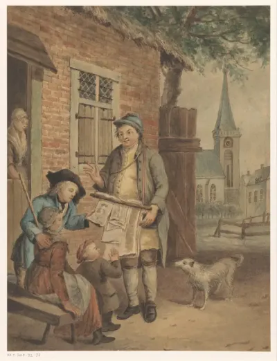 Rondreizende prentverkoper in een dorp