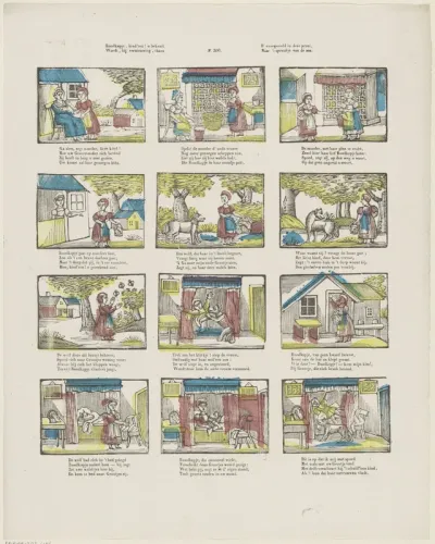 Roodkapje, kind'ren ! u bekend, / Wordt, bij vernieuwing, thans / U voorgesteld in deze prent, / Naar 't spreukje van de ans