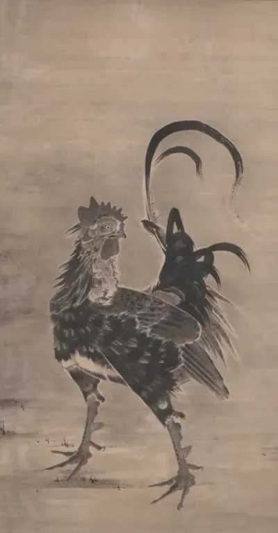 Roosters, Hen, and Chicks [left of a pair]