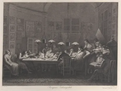 Rosaspina's drawing academy: class of students sketching seated around a table with Rosaspina at the end of the table with women and other spectators