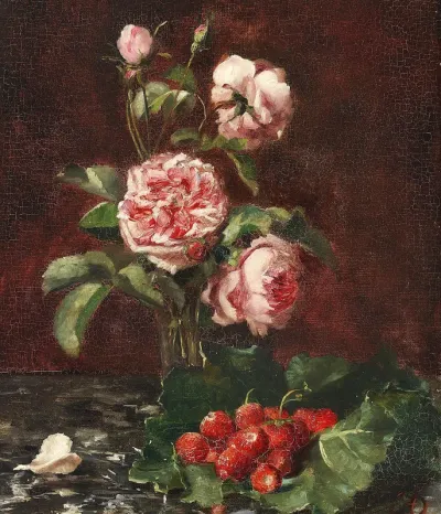 Roses and strawberries on a rhubarb leaf.