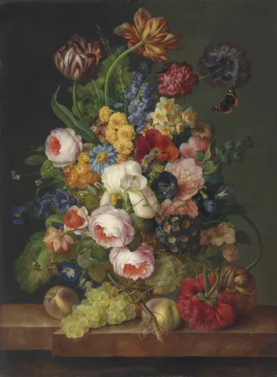 Roses, parrot tulips, and iris, daffodils, peonies, morning-glory and other flowers with a Red Admiral, a bee and other insects in a sculpted urn with peaches and grapes on a marble ledge