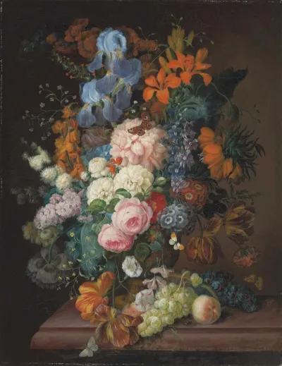 Roses, peonies, irises, violets, and other blooms in a terracotta urn, with grapes and a peach on a table