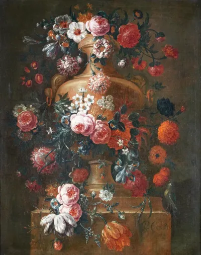 Roses, tulips, convulvus, narcissi and other flowers in an urn, on a stone ledge