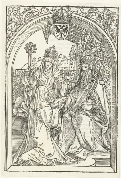 Roswitha van Gandersheim biedt keizer Otto I een exemplaar van haar boek aan