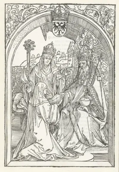 Roswitha van Gandersheim biedt keizer Otto I een exemplaar van haar boek aan