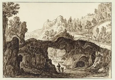 Rotsachtig berglandschap met op de voorgrond twee reizigers
