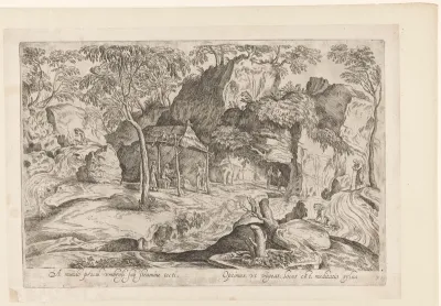 Rotsachtig landschap met dak op palen en rechts leeuw