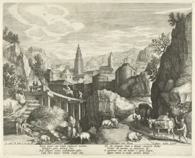 Rotsachtig landschap met de fabel van de ezel en het wilde zwijn