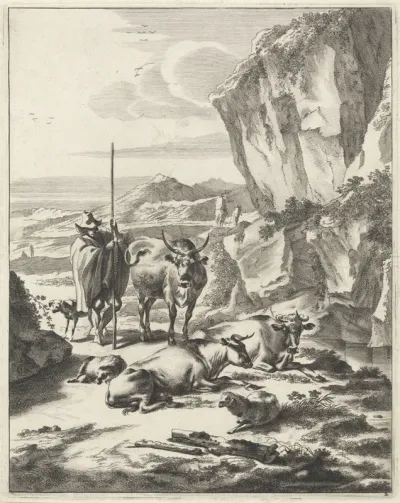 Rotsachtig landschap met een herder en zijn kudde