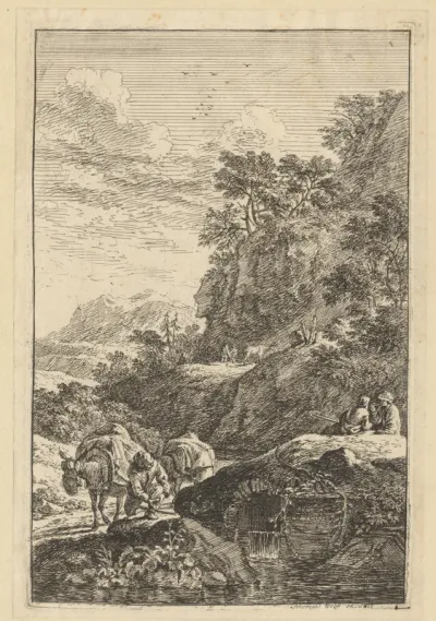Rotsachtig landschap met een reiziger met twee muildieren