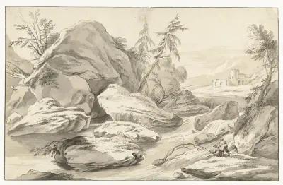 Rotsachtig landschap met een tekenaar bij een rivier