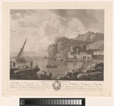 Rotsachtig landschap met figuren en boten aan een kust