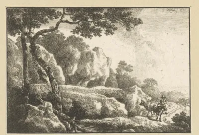 Rotsachtig landschap met herder en twee runderen