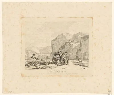 Rotsachtig landschap met herders bij een rivier
