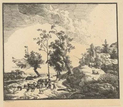 Rotsachtig landschap met herders met kudde en boerenfamilie met lastezel