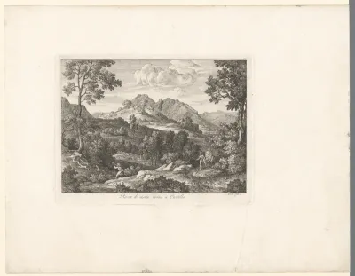 Rotsachtig landschap met jagers en zicht op Rocca di Mezzo