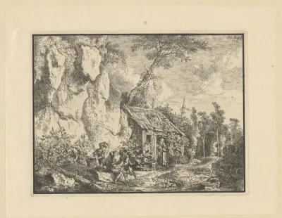 Rotsachtig landschap met mannen die de druivenoogst binnenhalen