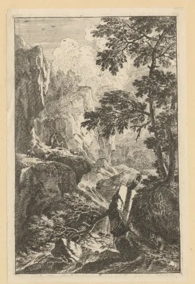 Rotsachtig landschap met rechts op de voorgrond een jager
