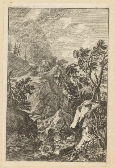 Rotsachtig landschap met rechts twee mannen achter twee bomen