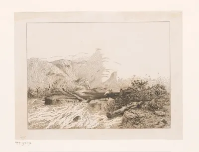 Rotsachtig landschap met rivier en reiger