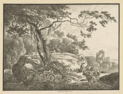 Rotsachtig landschap met ruïnes en herder met runderen bij een boom met klimplanten