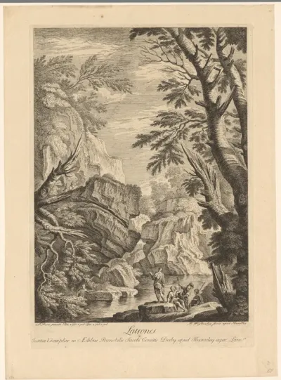Rotsachtig landschap met vier bewapende mannen aan een oever