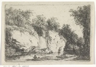 Rotsachtig landschap met visser aan een beek
