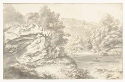 Rotsen en rivier in heuvellandschap