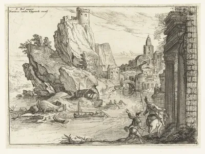 Rotskust van Campania met stad en reizigers