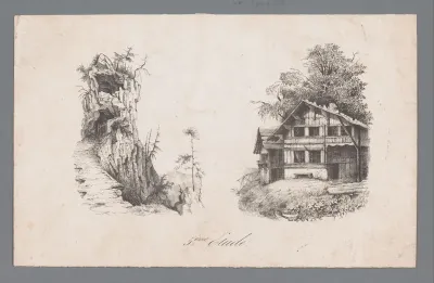 Rotslandschap en gezicht op twee huizen