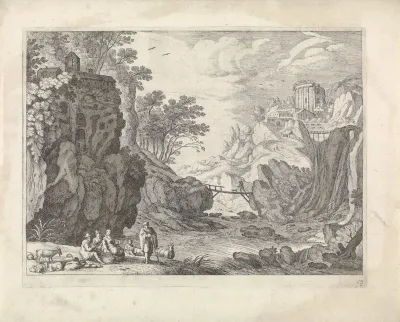 Rotslandschap met een rivier en een groep figuren