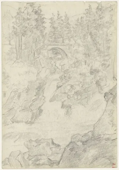 Rotslandschap met een waterval en een brug