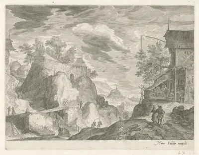 Rotslandschap met herberg en huizen