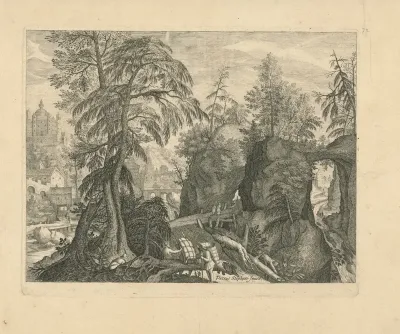 Rotslandschap met reizigers bij een brug