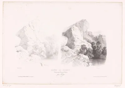 Rotslandschap met ruïne en meer
