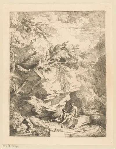 Rotslandschap met twee figuren rustend op een steen