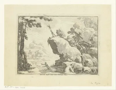 Rotslandschap met waterval en badende figuren
