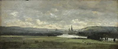 Rouen, a panoramic view with the Seine in the foreground