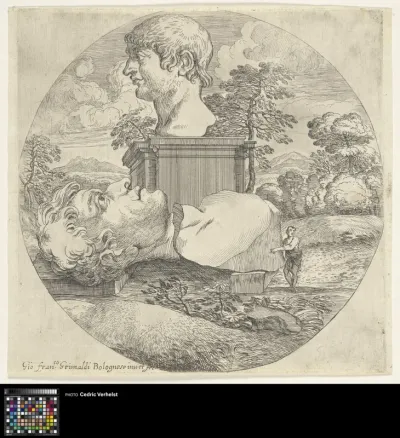 Round landscape with two colossal busts