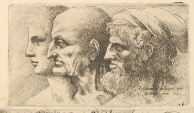 Row of three heads in profile to left
