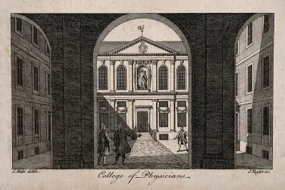 Royal College of Physicians: the courtyard, viewed through the pillars of the entrance, with gentlemen standing about