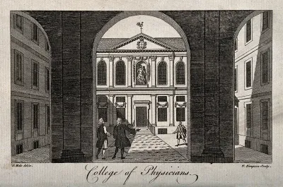 Royal College of Physicians: the courtyard, viewed through the pillars of the entrance, with gentlemen standing around