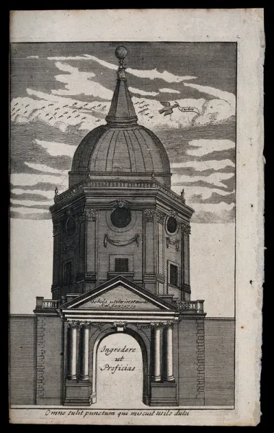 Royal College of Physicians, Warwick Lane, London: the entrance, with a flock of birds flying south, one bird flying north with the word "cuckoo" on a paper in its beak