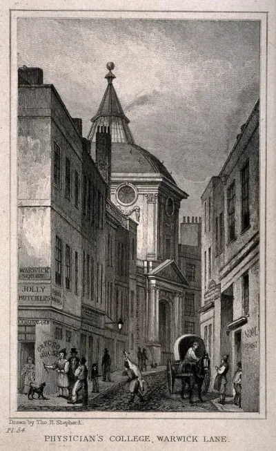 Royal College of Physicians, Warwick Lane, London, with a public house shown on the corner