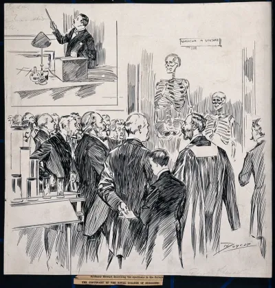 Royal College of Surgeons of England: Charles Stewart, conservator of the museum, describing specimens to visitors on the college's centenary